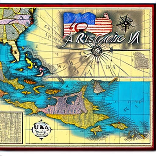  A realistic historical map over Cuba, drawn with goose pen. pirates and pirate-ships, mythological sea monster, palmtree, a torn Cuba flag. Postcard