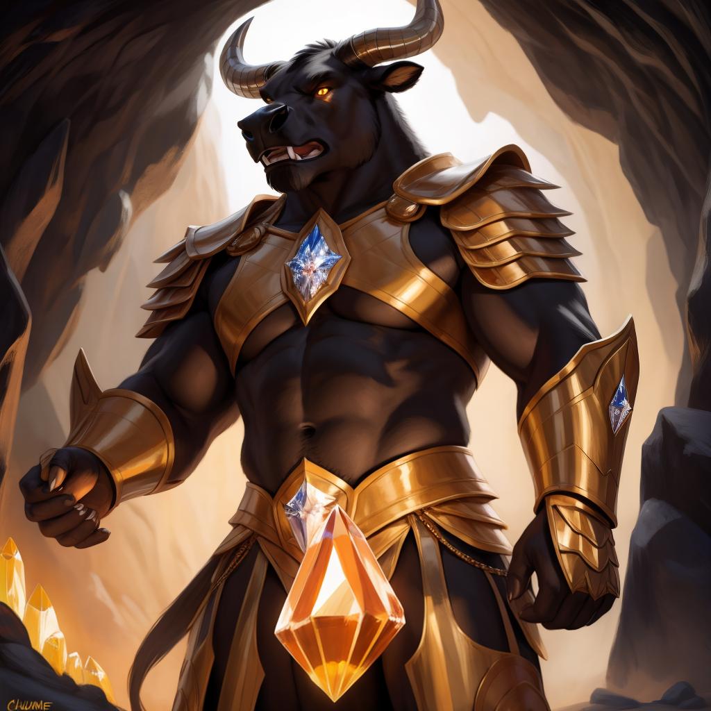  By chunie, by Meesh, 3d, portrait, full view, full body, detailed eyes, glowing eyes:2, sharp detail, masterpiece, crystallized amber horns:2, photorealistic:2, solo, anthro, male, black bull, scar on face, large muzzle, a black bull meditate in a large amber crystal cave(amber glowing crystal), casting a huge glowing earth spell:2, roaring, angry face:2, yelling, serious face:2, rage, enraged:2, sparkling amber crystal armor:2, surrounded by glowing amber crystals:2, glowing crystals in background:2, ultra detailed glowing amber crystals, ultra detailed sparkling amber crystal armor:2, sfw, thick body:2, muscular body:2, large body:2, stare at the camera, open eyes, digital art, masterpiece, 4k, fine details,