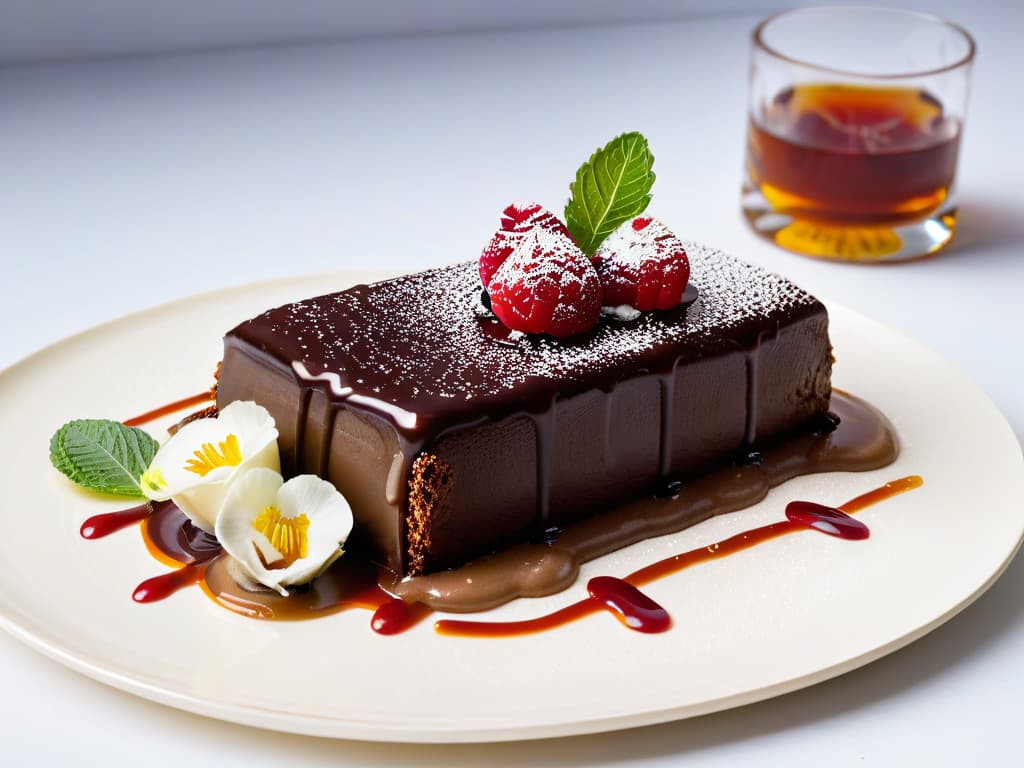  A beautifully plated dessert that resembles a savory dish: a chocolate ganache "meatloaf" with raspberry coulis "ketchup," white chocolate "mashed potatoes," and caramel "gravy" drizzle, all artfully arranged on a fine dining plate garnished with mint leaves and edible flowers. The dessert should be captured in a closeup shot to showcase the intricate details and realistic textures, highlighting the creativity and culinary artistry behind the concept of desserts inspired by savory dishes. hyperrealistic, full body, detailed clothing, highly detailed, cinematic lighting, stunningly beautiful, intricate, sharp focus, f/1. 8, 85mm, (centered image composition), (professionally color graded), ((bright soft diffused light)), volumetric fog, trending on instagram, trending on tumblr, HDR 4K, 8K