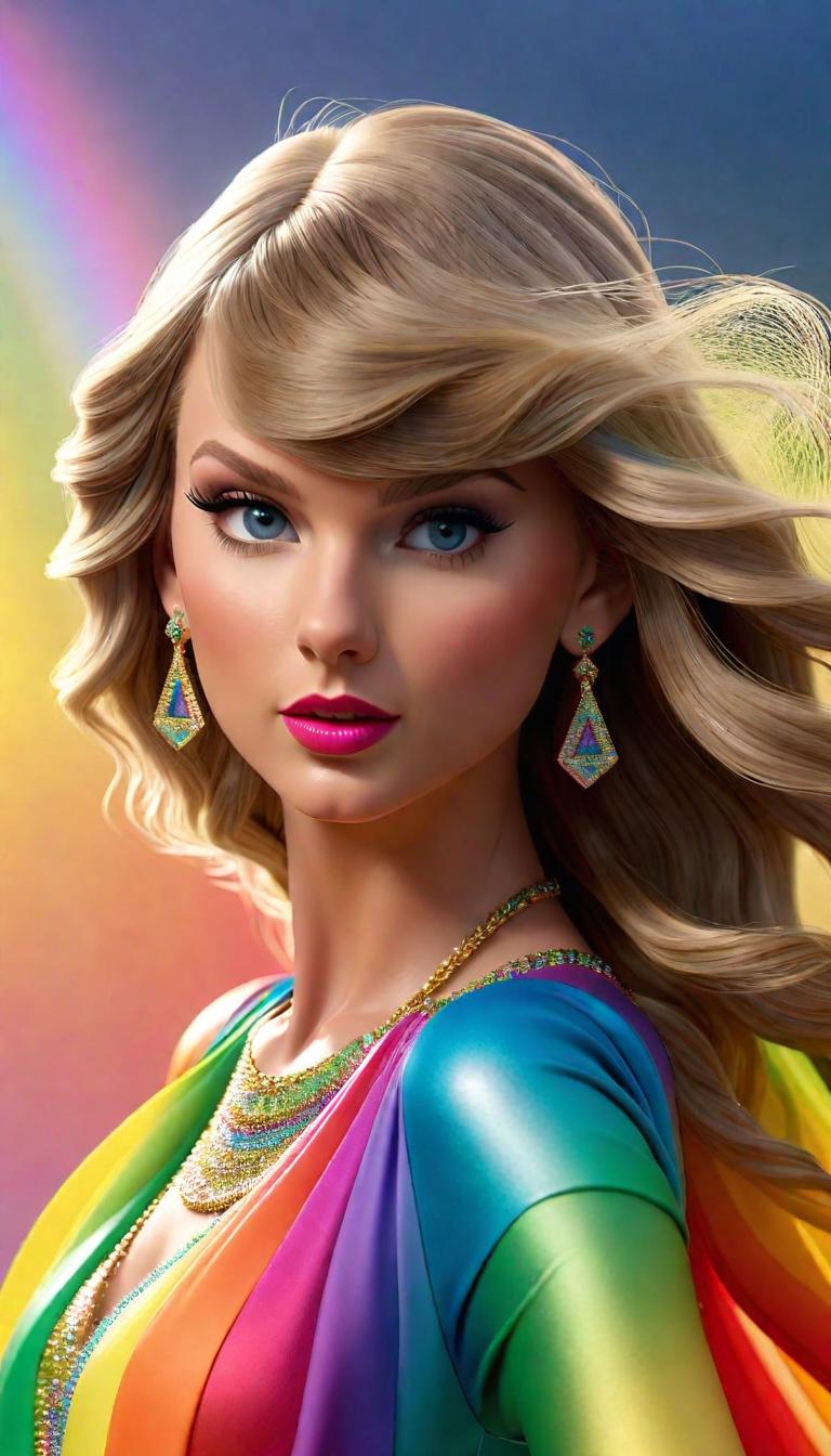  Professional 3D model of Taylor Swift under a rainbow . Rendered with Octane, the model is highly detailed,dramatic lighting. hyperrealistic, full body, detailed clothing, highly detailed, cinematic lighting, stunningly beautiful, intricate, sharp focus, f/1. 8, 85mm, (centered image composition), (professionally color graded), ((bright soft diffused light)), volumetric fog, trending on instagram, trending on tumblr, HDR 4K, 8K