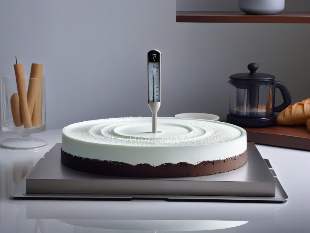  An ultradetailed 8k image of a sleek, modern kitchen countertop adorned with an array of highend, precision sugar and chocolate thermometers meticulously arranged in a symmetrical pattern. The thermometers are a mix of glossy stainless steel and matte black finishes, each casting a soft reflection on the pristine marble surface. The lighting is soft and diffused, enhancing the minimalist aesthetic of the scene, with subtle shadows adding depth and dimension to the composition. The overall ambiance exudes sophistication and precision, perfectly encapsulating the essence of professionalgrade pastry tools. hyperrealistic, full body, detailed clothing, highly detailed, cinematic lighting, stunningly beautiful, intricate, sharp focus, f/1. 8, 85mm, (centered image composition), (professionally color graded), ((bright soft diffused light)), volumetric fog, trending on instagram, trending on tumblr, HDR 4K, 8K