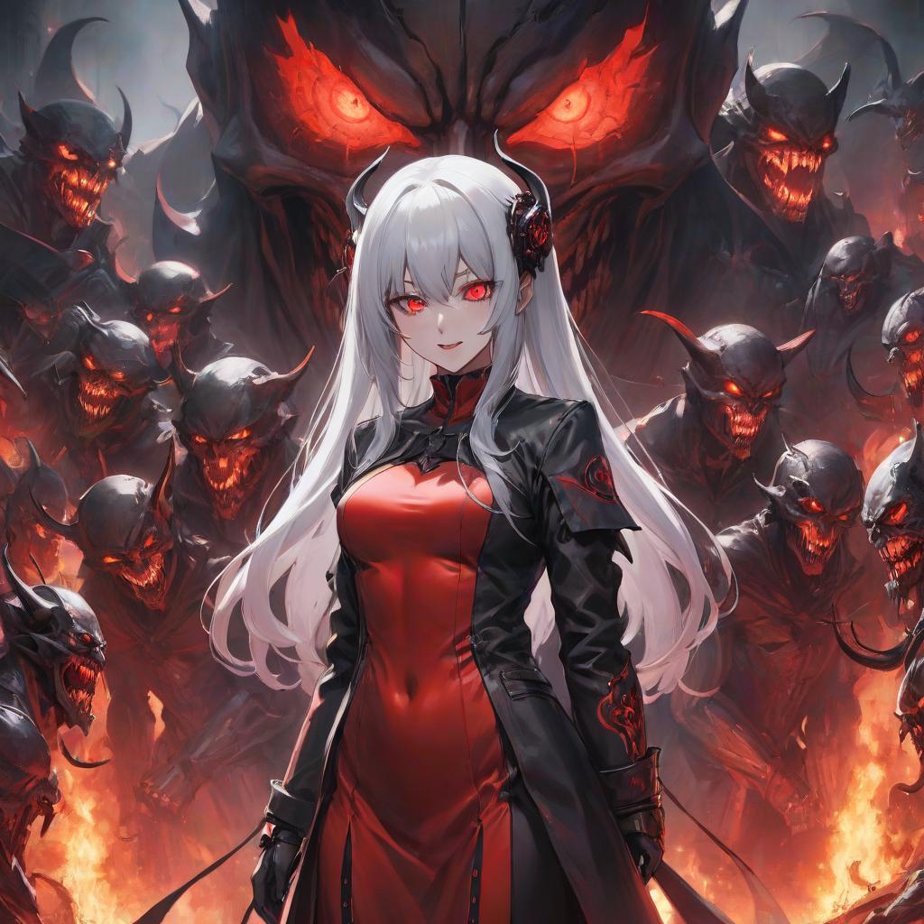  a woman standing in front of a bunch of demonic faces, an anime drawing, by Shinoda Toko, gothic art, with red haze and a massive grin, cyborg girl with silver hair, glowing eyes and mouth, 😱 chaos · nightmare resin hyperrealistic, full body, detailed clothing, highly detailed, cinematic lighting, stunningly beautiful, intricate, sharp focus, f/1. 8, 85mm, (centered image composition), (professionally color graded), ((bright soft diffused light)), volumetric fog, trending on instagram, trending on tumblr, HDR 4K, 8K