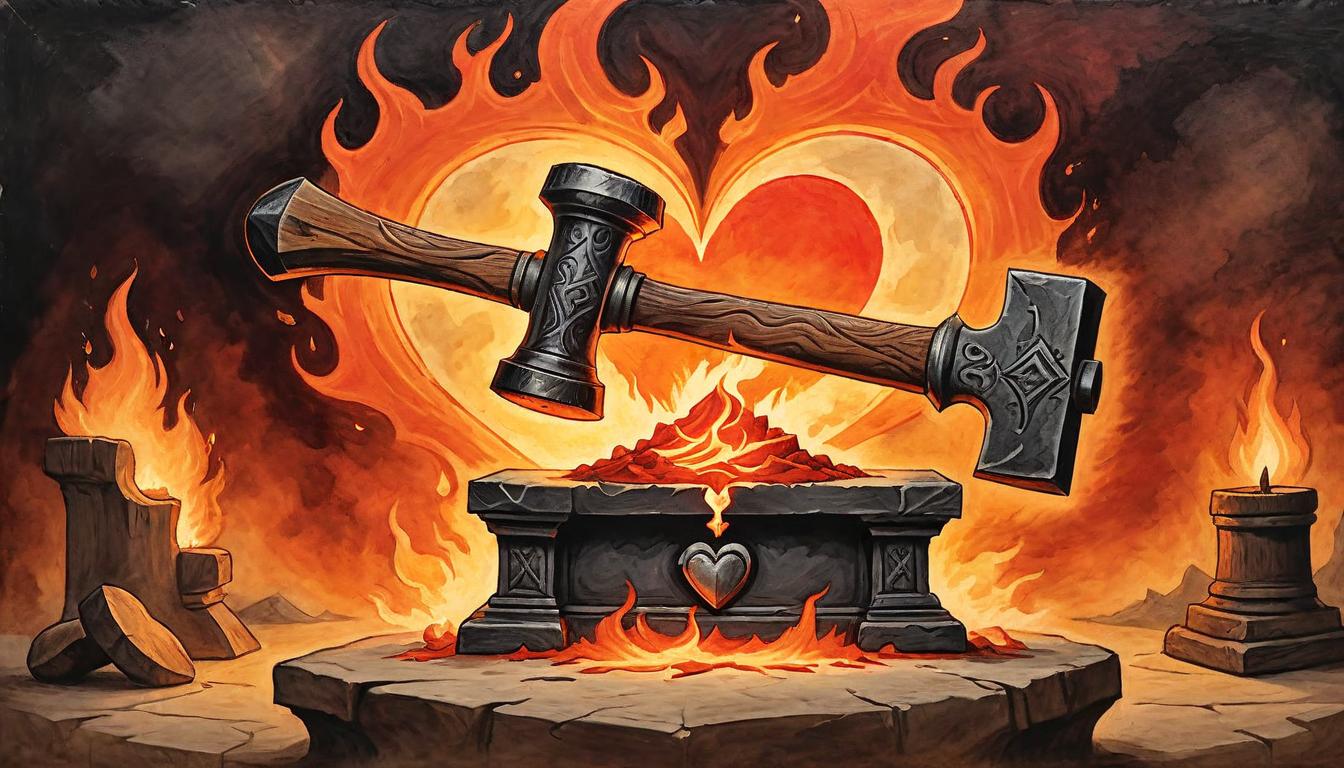  on parchment, surrealism+++, A hammer and anvil in the midst of a flame, the anvil engraved with a heart, symbolism of resilience, hammer and anvil rendered with realistic textures, flames detailed with varying shades of orange and red, suggesting intense heat, backdrop dark to highlight the action, transformative fire, enduring shape(mysterious, provocative, symbolic,muted color)+++