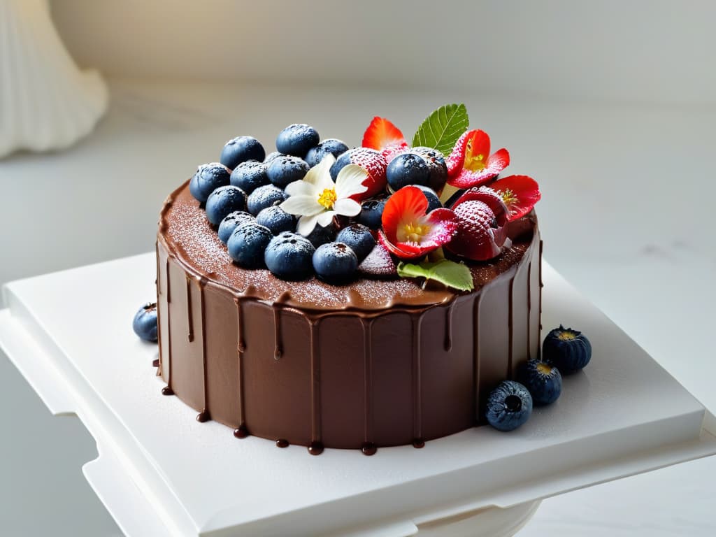  A highresolution, minimalist image of a beautifully decorated vegan chocolate cake adorned with fresh berries and edible flowers, set on a sleek, marble cake stand. The cake is elegantly lit, showcasing its glossy ganache finish and intricate detailing, with a soft focus background to highlight the dessert as the focal point. hyperrealistic, full body, detailed clothing, highly detailed, cinematic lighting, stunningly beautiful, intricate, sharp focus, f/1. 8, 85mm, (centered image composition), (professionally color graded), ((bright soft diffused light)), volumetric fog, trending on instagram, trending on tumblr, HDR 4K, 8K