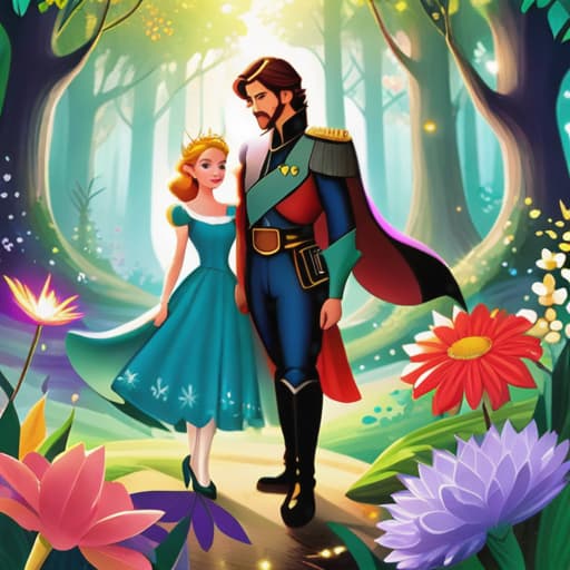  Image style: 'Dizney Ani Style'. Illustration style: The illustration style is vint and colorful, with a touch of whimsy and fantasy. Character: The prince and the fairy are seen standing together, looking determined and ready for an adventure. Place: They are in a magical forest, surrounded by tall trees, colorful flowers, and sparkling streams. Action: The prince and the fairy are holding hands, as if they are about to embark on a journey. Sch Bubble: "Let's stop the evil sorcerer and save the ren's stories!" Object Decoration: There are floating books and pages from ren's stories scattered around the scene. Facial expression: The prince has a determined and courageous expressio hyperrealistic, full body, detailed clothing, highly detaile hyperrealistic, full body, detailed clothing, highly detailed, cinematic lighting, stunningly beautiful, intricate, sharp focus, f/1. 8, 85mm, (centered image composition), (professionally color graded), ((bright soft diffused light)), volumetric fog, trending on instagram, trending on tumblr, HDR 4K, 8K