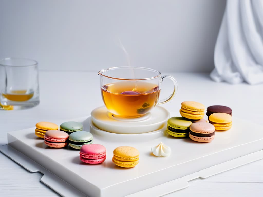  A minimalist and elegant tea set arranged on a sleek marble countertop, featuring a delicate porcelain teapot pouring steaming tea into a transparent glass cup. The background showcases a soft blur of a selection of colorful macarons elegantly displayed on a pristine white platter, creating a harmonious fusion of tea and desserts in a refined setting. hyperrealistic, full body, detailed clothing, highly detailed, cinematic lighting, stunningly beautiful, intricate, sharp focus, f/1. 8, 85mm, (centered image composition), (professionally color graded), ((bright soft diffused light)), volumetric fog, trending on instagram, trending on tumblr, HDR 4K, 8K