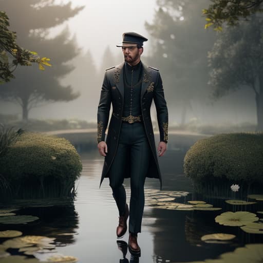  a man in a pond hyperrealistic, full body, detailed clothing, highly detailed, cinematic lighting, stunningly beautiful, intricate, sharp focus, f/1. 8, 85mm, (centered image composition), (professionally color graded), ((bright soft diffused light)), volumetric fog, trending on instagram, trending on tumblr, HDR 4K, 8K