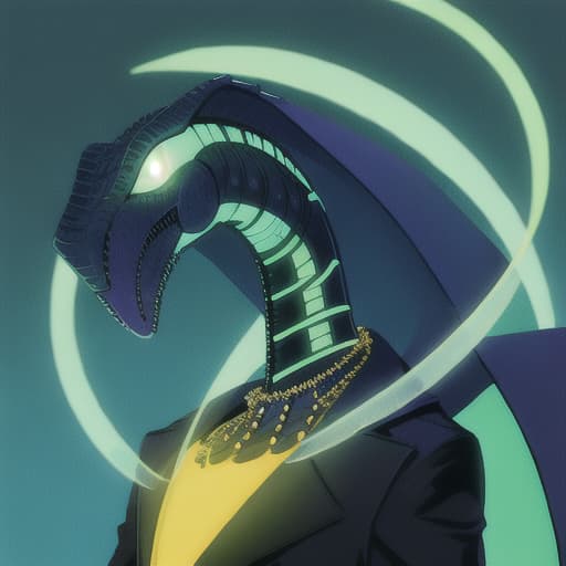  extended long necked reptile alien, wearing a futuristic large bead choker collar that is glowing mixed colors of yellow and blue