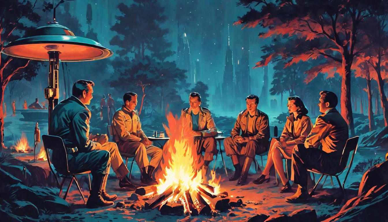  retro futuristic People gathered around a campfire, sharing stories, night setting, warm and communal, sense of unity and shared purpose lvintage sci fi, 50s and 60s style, atomic age, vibrant, highly detailed