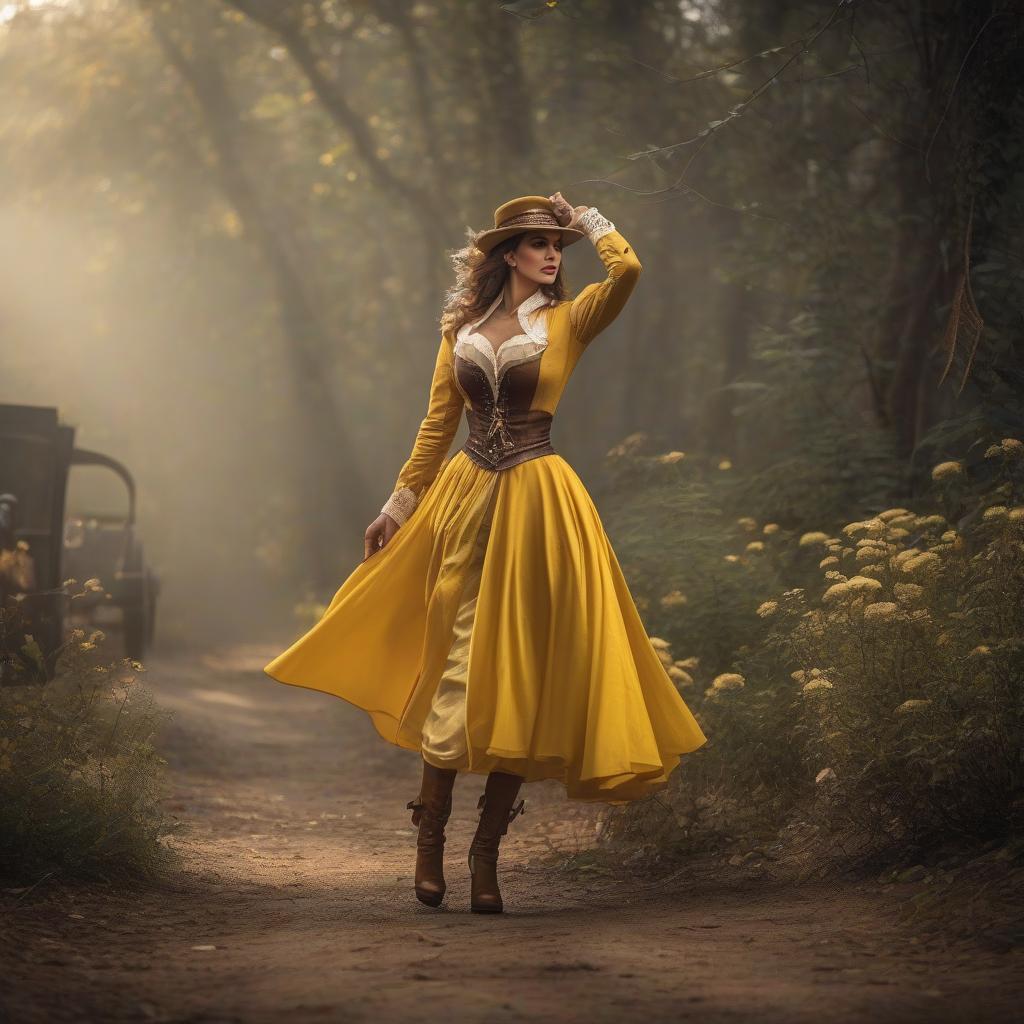  cinematic film still Dancing little lark, knight in yellow wedges. In a steampunk style. . shallow depth of field, vignette, highly detailed, high budget, bokeh, cinemascope, moody, epic, gorgeous, film grain, grainy hyperrealistic, full body, detailed clothing, highly detailed, cinematic lighting, stunningly beautiful, intricate, sharp focus, f/1. 8, 85mm, (centered image composition), (professionally color graded), ((bright soft diffused light)), volumetric fog, trending on instagram, trending on tumblr, HDR 4K, 8K