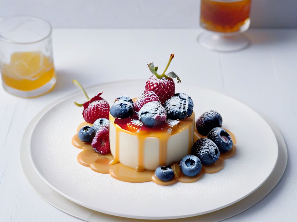  A serene image of a delicate, intricately designed glutenfree sweet snack resting on a simple, elegant white plate. The snack is adorned with fresh berries and a drizzle of honey, with soft natural lighting casting gentle shadows, highlighting the textures and colors of the dessert. The background is a soft focus, blurred out to keep the main focus on the exquisite details of the snack, creating a minimalist and elegant composition. hyperrealistic, full body, detailed clothing, highly detailed, cinematic lighting, stunningly beautiful, intricate, sharp focus, f/1. 8, 85mm, (centered image composition), (professionally color graded), ((bright soft diffused light)), volumetric fog, trending on instagram, trending on tumblr, HDR 4K, 8K