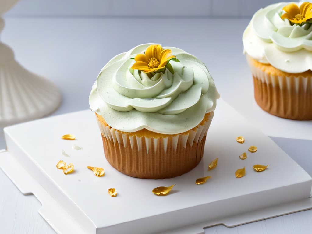  A minimalist, ultradetailed image of a beautifully decorated vegan gourmet cupcake with intricate swirls of dairyfree frosting, topped with a delicate edible flower and shimmering gold flakes, set against a stark white background to emphasize the elegance and artistry of vegan gourmet baking. hyperrealistic, full body, detailed clothing, highly detailed, cinematic lighting, stunningly beautiful, intricate, sharp focus, f/1. 8, 85mm, (centered image composition), (professionally color graded), ((bright soft diffused light)), volumetric fog, trending on instagram, trending on tumblr, HDR 4K, 8K