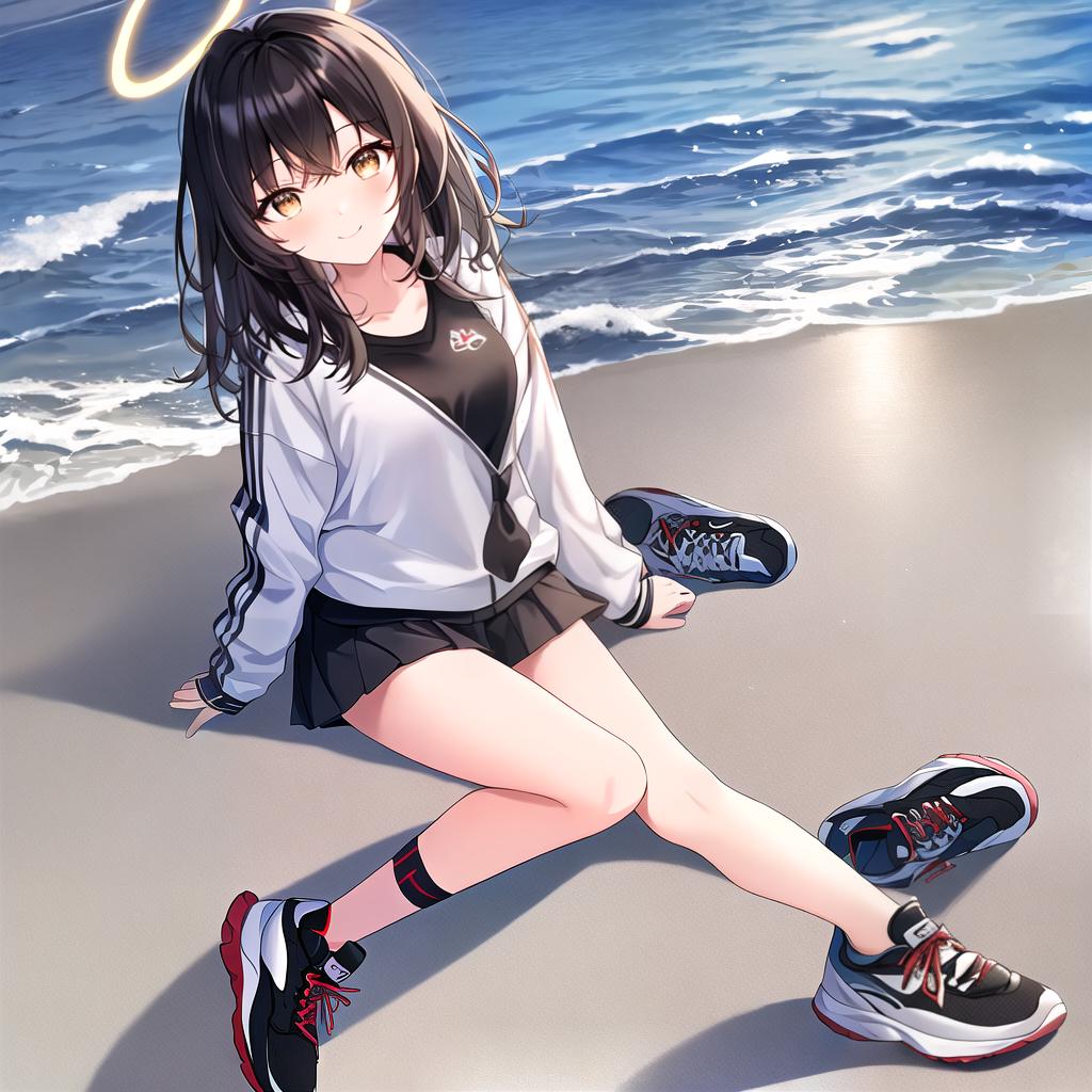  masterpiece, best quality, (masterpiece,best quality,full body,prefect face,female,girl,solo,dark_persona,light smile,medium hair,black hair,bangs,(halo:1.3),(make up:0.2),gym_uniform,sneakers,arms behind back,looking at phone,look at viewer,sitting,lie,in summer,sunset,on the beach,illustration,(beach towel:0.6))
