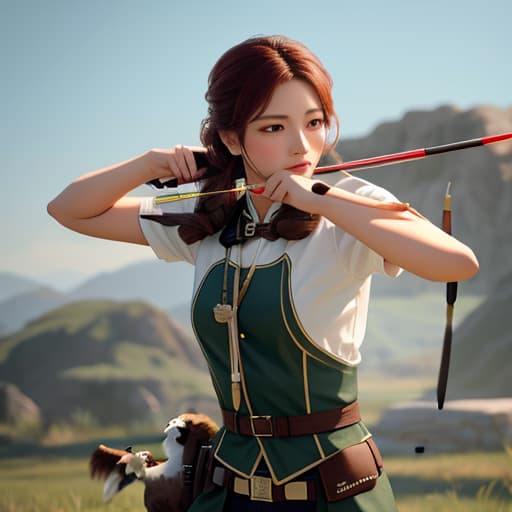  An archer female shooting her long bow at a target , her pet hawk is fling , hyperrealistic, high quality, highly detailed, cinematic lighting, intricate, sharp focus, f/1. 8, 85mm, (centered image composition), (professionally color graded), ((bright soft diffused light)), volumetric fog, trending on instagram, HDR 4K, 8K