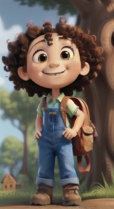  {The tree with a smiling face formed by its bark, looking down at Riley., Riley, a curious with big brown eyes and curly hair, wearing overalls and carrying a small backpack. Their friend, Skye, a bluebird with shiny feathers.