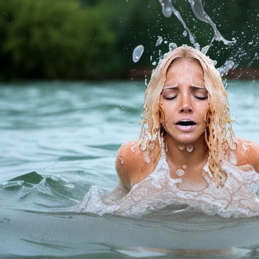  tanned blonde woman's face drowning in the water she's panic a lot of water waves and splashes around her