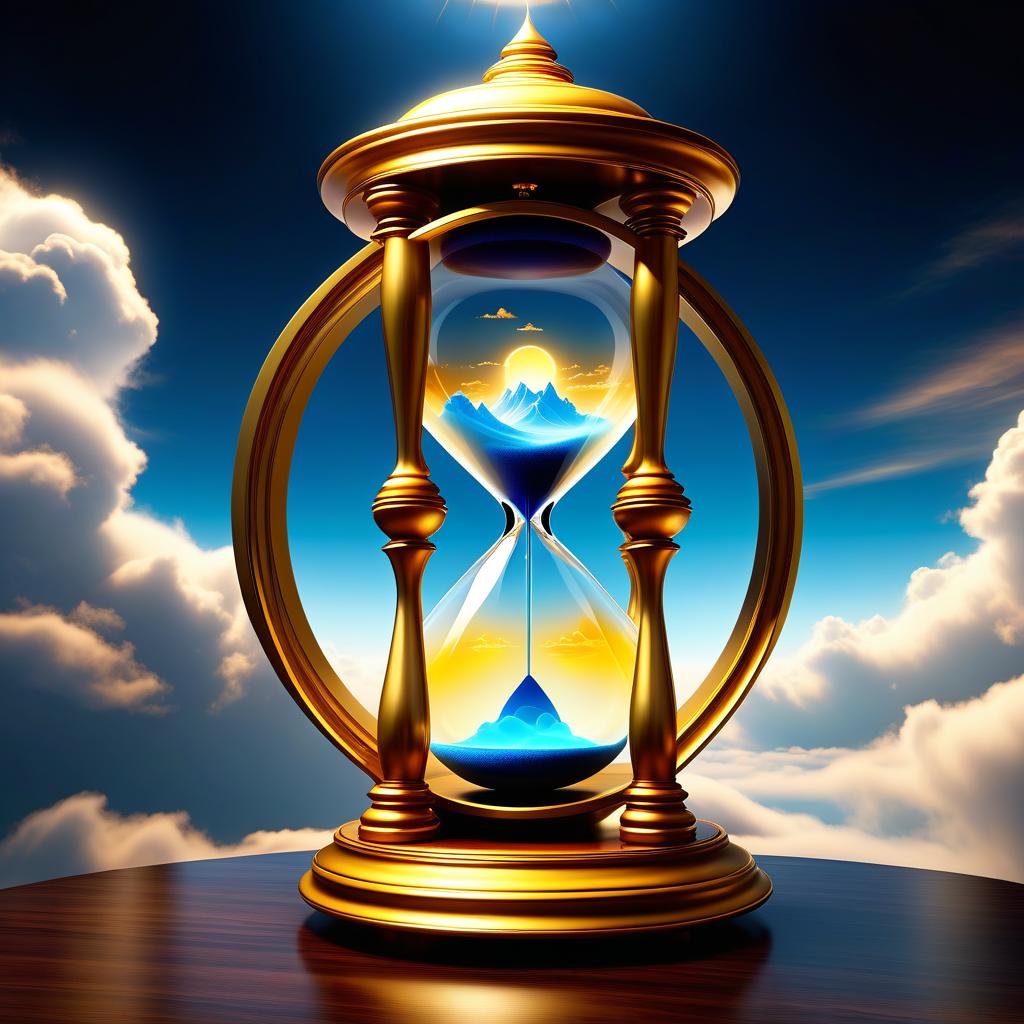  ethereal fantasy concept art of (Fancy hourglass). clock design: wooden carved case lacquered. Bowls of transparent glass. Inside the top bowl of the clock the rising sun is displayed. Around the sun is a blue sky and white, golden pink clouds. (Inside the lower bowl of the clock): night, dark blue sky with a bright yellow month with a silvery cast. Beneath the sky are mountains covered with blue white snow, shimmering with different colours of the rainbow. Background: gradient: in the lower part of the background the structure of sand. In the upper part of the background perispherical clouds in the blue sky. Style: romantic fantasy. . magnificent, celestial, ethereal, painterly, epic, majestic, magical, fantasy art, cover art, dreamy hyperrealistic, full body, detailed clothing, highly detailed, cinematic lighting, stunningly beautiful, intricate, sharp focus, f/1. 8, 85mm, (centered image composition), (professionally color graded), ((bright soft diffused light)), volumetric fog, trending on instagram, trending on tumblr, HDR 4K, 8K