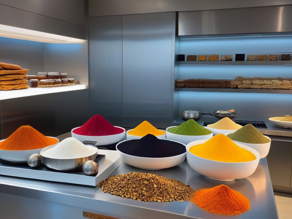  An ultradetailed image of a sleek, modern kitchen filled with an array of exotic and colorful ingredients from around the world, neatly organized on pristine countertops. The image showcases a mix of traditional and cuttingedge baking tools, with a backdrop of a trendy globe art piece hanging on the wall, symbolizing the fusion of global culinary influences in contemporary baking practices. hyperrealistic, full body, detailed clothing, highly detailed, cinematic lighting, stunningly beautiful, intricate, sharp focus, f/1. 8, 85mm, (centered image composition), (professionally color graded), ((bright soft diffused light)), volumetric fog, trending on instagram, trending on tumblr, HDR 4K, 8K