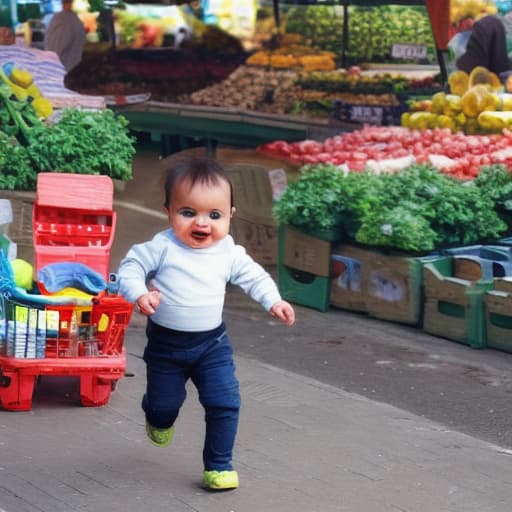  cute baby runing in market holding mobile