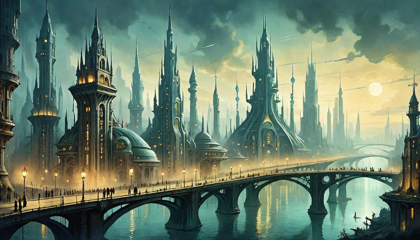  on parchment, surrealism+++, A futuristic cityscape, with bridges of light connecting towers, each tower pulsing with the heartbeats of its inhabitants. City of tomorrow, towers aglow, bridges as lifelines, interconnectedness, pulse of unity(mysterious, provocative, symbolic,muted color)+++