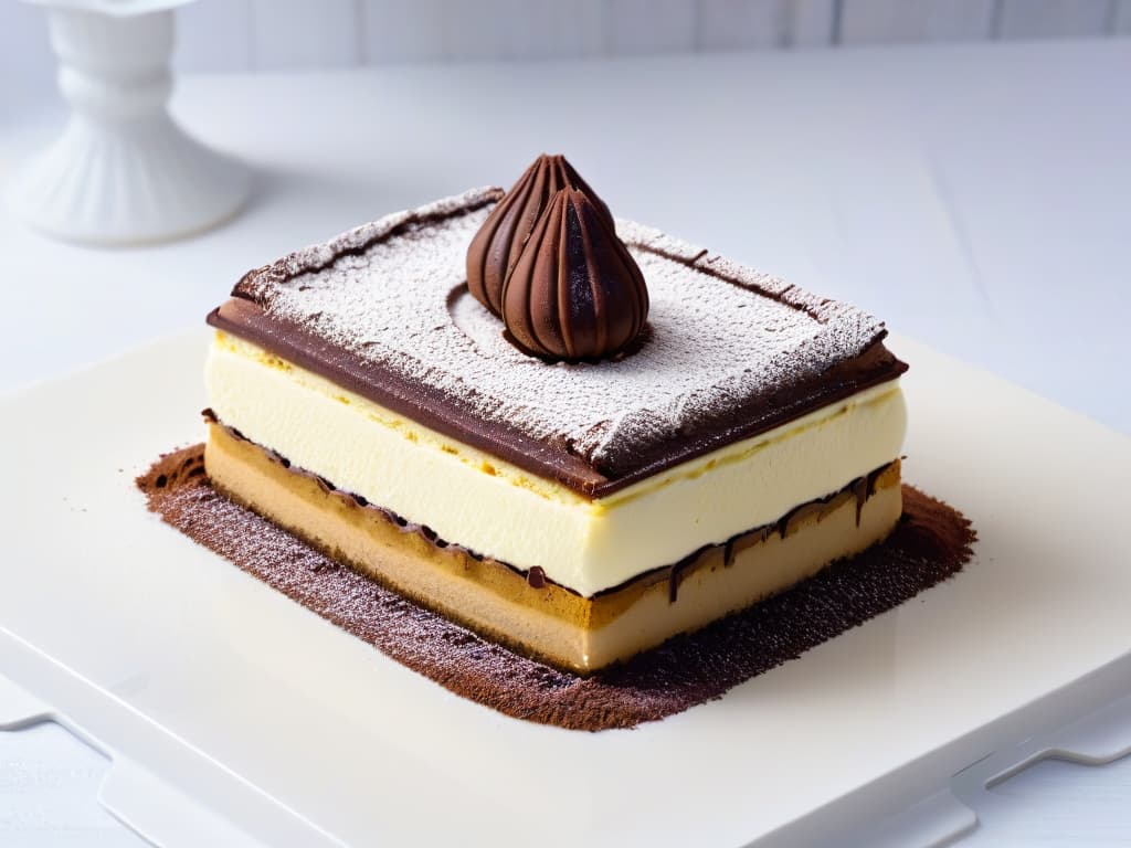  A minimalist, highresolution image of a classic tiramisù dessert elegantly presented on a white plate, showcasing the layers of coffeesoaked ladyfingers, creamy mascarpone cheese, and dusted cocoa powder on top. The focus is on the intricate details of the dessert, highlighting its rich texture and inviting appearance. hyperrealistic, full body, detailed clothing, highly detailed, cinematic lighting, stunningly beautiful, intricate, sharp focus, f/1. 8, 85mm, (centered image composition), (professionally color graded), ((bright soft diffused light)), volumetric fog, trending on instagram, trending on tumblr, HDR 4K, 8K