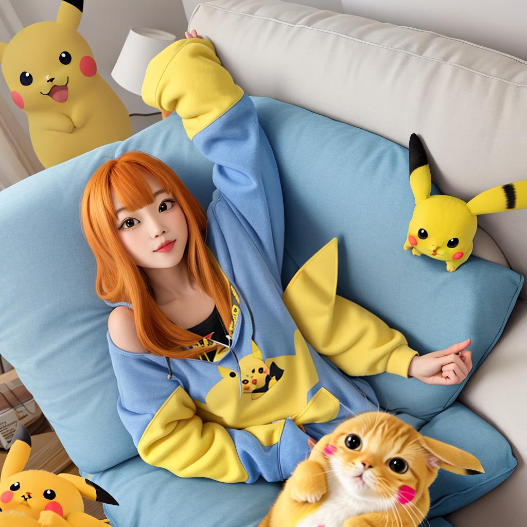  masterpiece, best quality, orange tabby in a pikachu hoodie