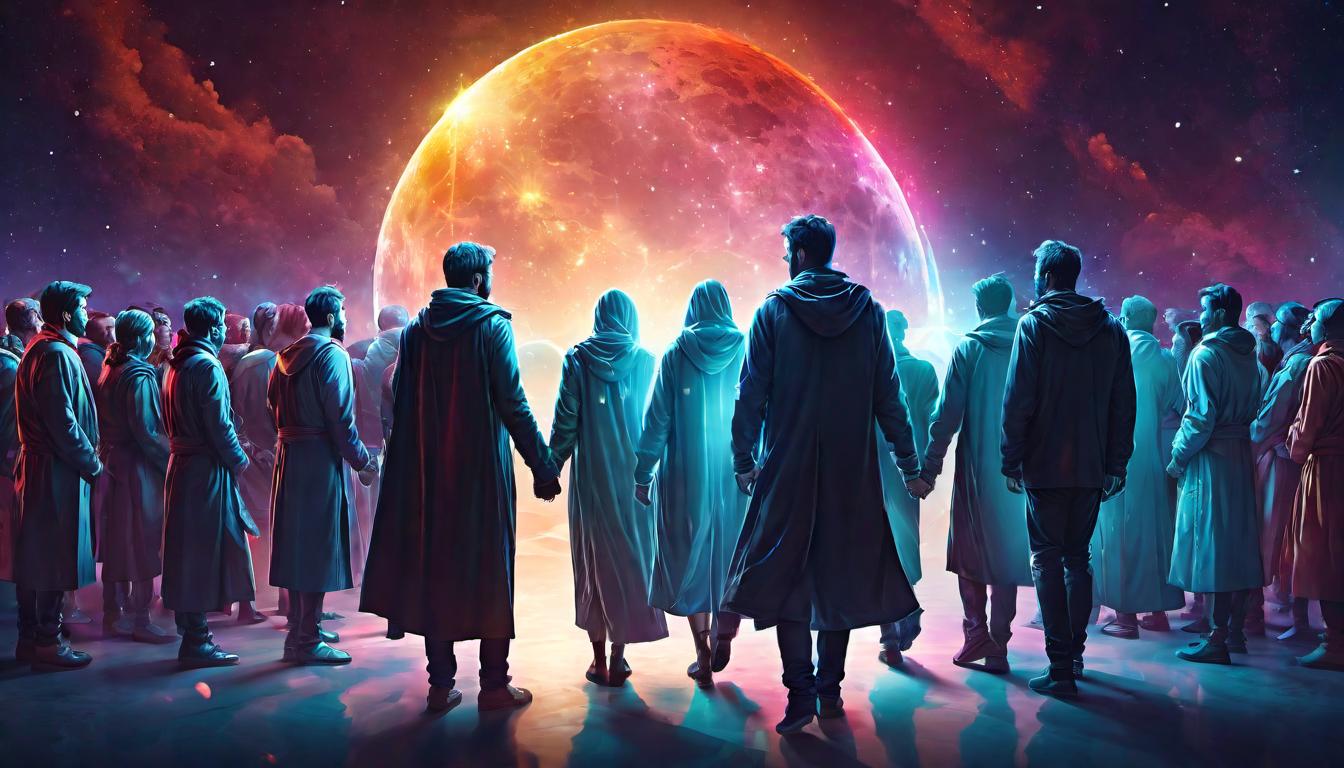  digital illustration, A circle of people holding hands, each person dressed uniquely, glowing with light, global community, unity, ascension, looking at viewer, dynamic pose, (intricate details, masterpiece, best quality)