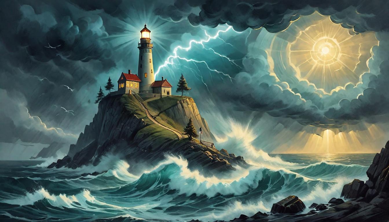  on parchment, surrealism+++, Radiant lighthouse on a cliff during a storm, waves crashing below, beam of light cutting through the darkness, resilience, undiminished light, guidance(mysterious, provocative, symbolic,muted color)+++