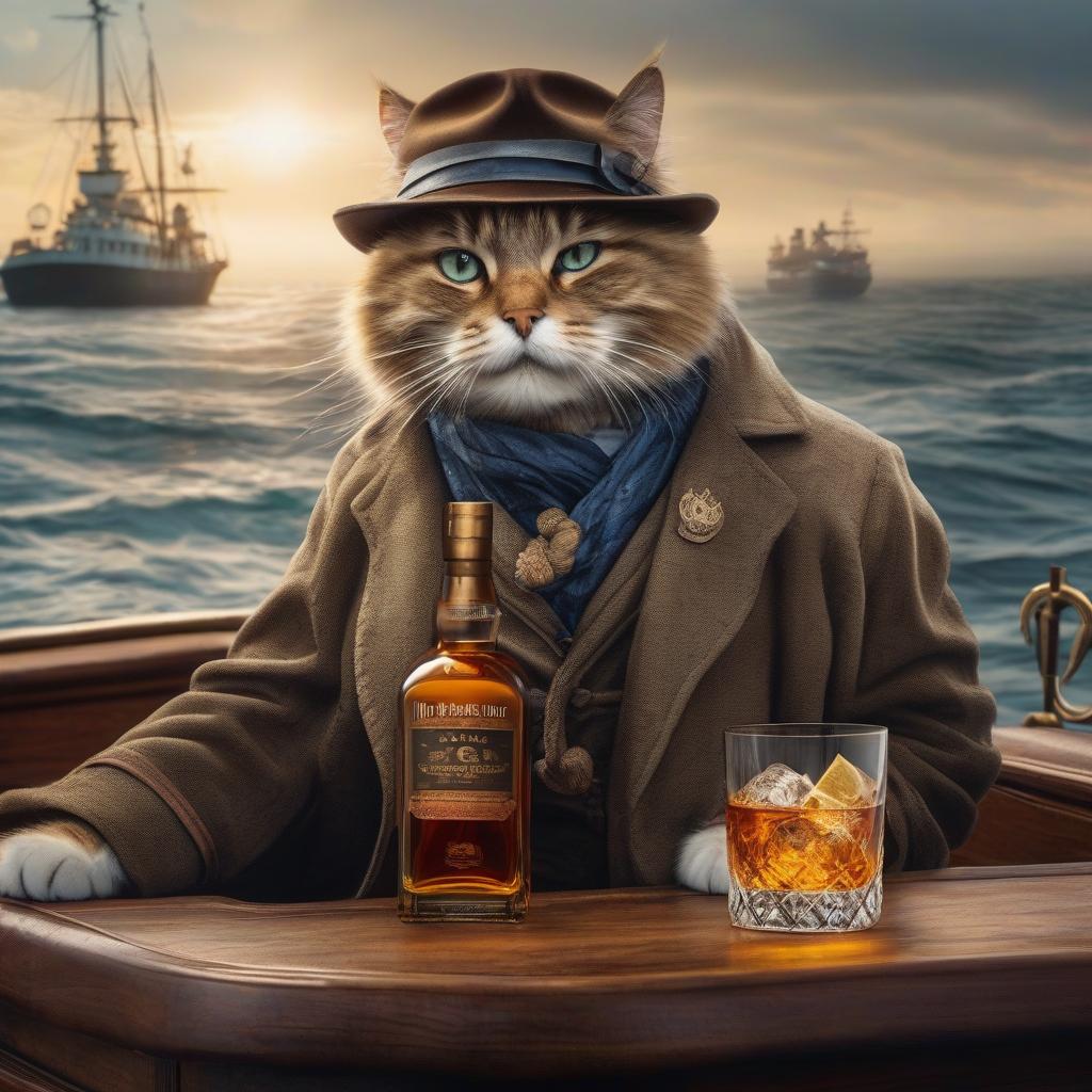  nautical themed A jolly and optimistic cat drinks whisky. . sea, ocean, ships, maritime, beach, marine life, highly detailed hyperrealistic, full body, detailed clothing, highly detailed, cinematic lighting, stunningly beautiful, intricate, sharp focus, f/1. 8, 85mm, (centered image composition), (professionally color graded), ((bright soft diffused light)), volumetric fog, trending on instagram, trending on tumblr, HDR 4K, 8K