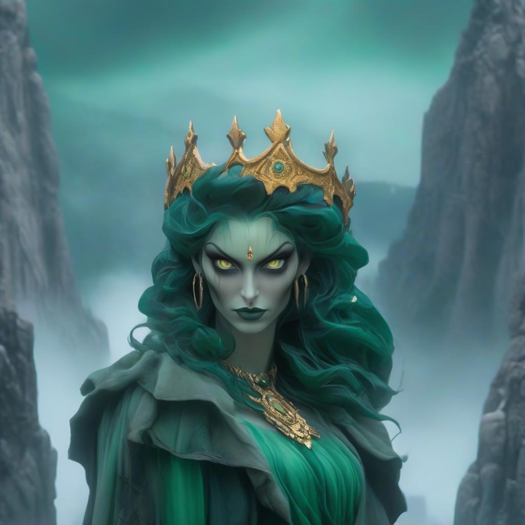  horror themed On the stones stands a beautiful woman, smiling, yellow skin, green eyes, brown hair, jewelry made of malachite, a crown made of malachite, against the backdrop of a mountain and fog, mistress of the copper mountain, danger, mysticism. . eerie, unsettling, dark, spooky, suspenseful, grim, highly detailed hyperrealistic, full body, detailed clothing, highly detailed, cinematic lighting, stunningly beautiful, intricate, sharp focus, f/1. 8, 85mm, (centered image composition), (professionally color graded), ((bright soft diffused light)), volumetric fog, trending on instagram, trending on tumblr, HDR 4K, 8K