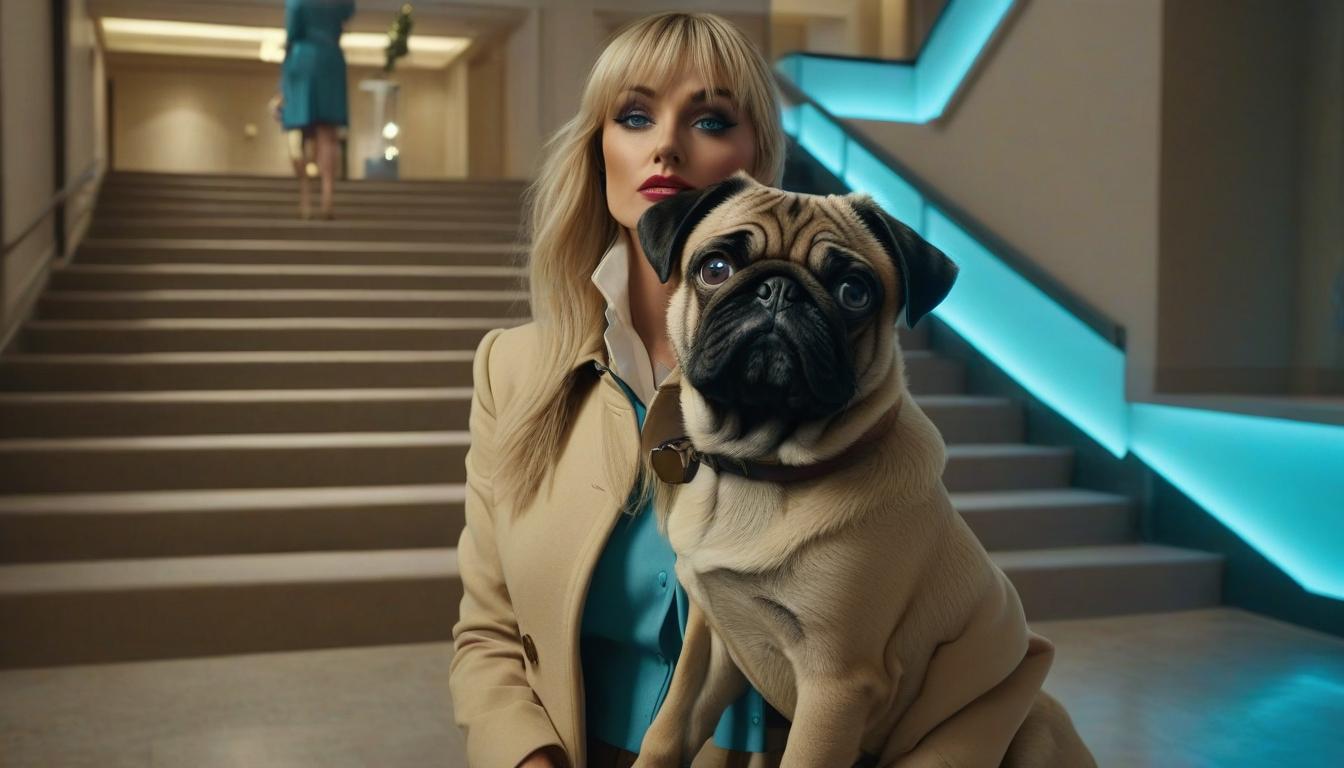  Blonde. with bangs. blue eyes. in a sandy coat. holding a pug dog standing in the hotel lobby near the stairs..full body.neon. evening..cinematic.Ultra realistic. 3D . Epic. high detail. perfect lighting. perfect contrast. perfect composition hyperrealistic, full body, detailed clothing, highly detailed, cinematic lighting, stunningly beautiful, intricate, sharp focus, f/1. 8, 85mm, (centered image composition), (professionally color graded), ((bright soft diffused light)), volumetric fog, trending on instagram, trending on tumblr, HDR 4K, 8K