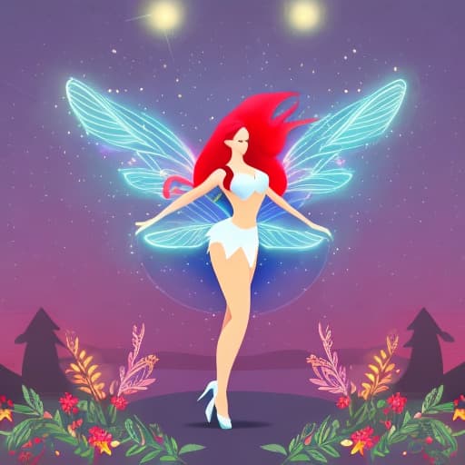 Generate an image showcasing a scene of a "fairy gathering with animals under a star-lit night sky" taking center stage, where the character description is a "fairy with wings and eyes sparkling under the starlight". The background should be a more understated depiction of a "dark night sky illuminated by twinkling stars, with a quiet campfire burning". In the composition, ensure that the scene has greater emphasis compared to the background, yet maintaining the fairy as the main focal point., best quality, very detailed, high resolution, sharp, sharp image, extremely detailed, 4k, 8k, in-frame hyperrealistic, full body, detailed clothing, highly detailed, cinematic lighting, stunningly beautiful, intricate, sharp focus, f/1. 8, 85mm, (centered image composition), (professionally color graded), ((bright soft diffused light)), volumetric fog, trending on instagram, trending on tumblr, HDR 4K, 8K