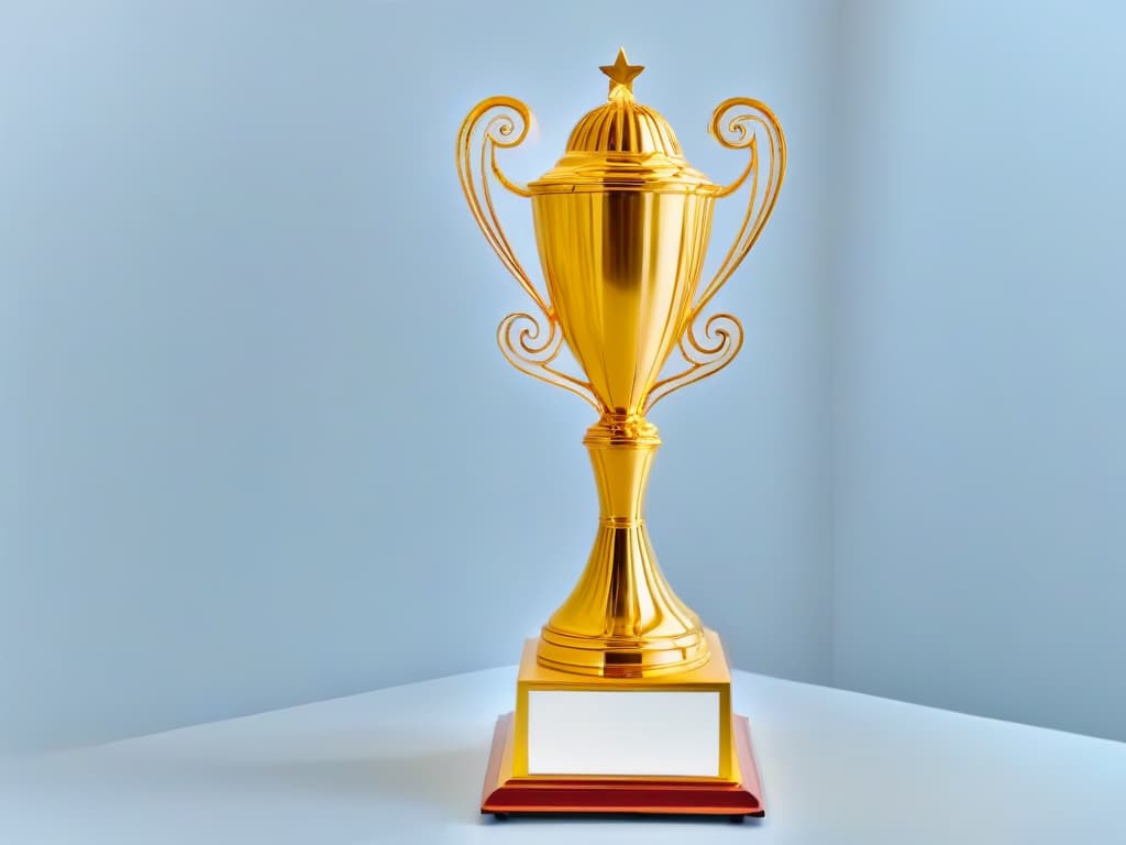  An ultradetailed, minimalist image of a gleaming golden trophy adorned with intricate frosting designs, set against a stark white backdrop to symbolize the pinnacle of achievement in elite pastry competitions. hyperrealistic, full body, detailed clothing, highly detailed, cinematic lighting, stunningly beautiful, intricate, sharp focus, f/1. 8, 85mm, (centered image composition), (professionally color graded), ((bright soft diffused light)), volumetric fog, trending on instagram, trending on tumblr, HDR 4K, 8K