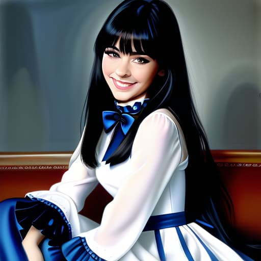  best quality, masterpiece, photorealistic, 1girl, solo, cowboy shot, sitting, long black straight hair, blunt bangs, looking at viewer, smile, lo dress, long dress, layered dress, choker, bow, long sleeves