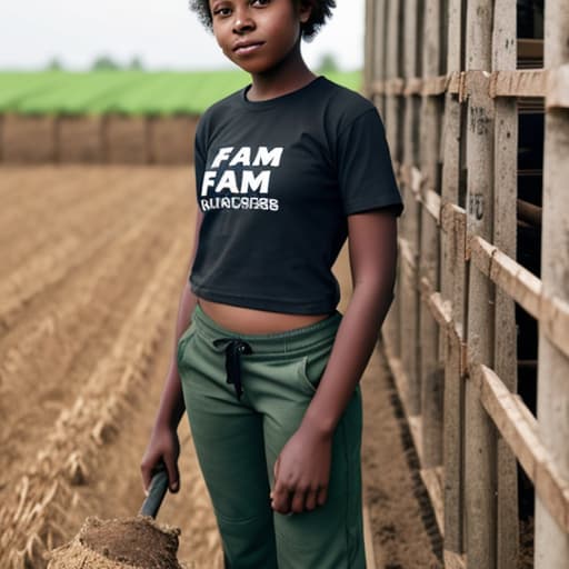  short hair black girl wearing t-shirt and pants doing farm work