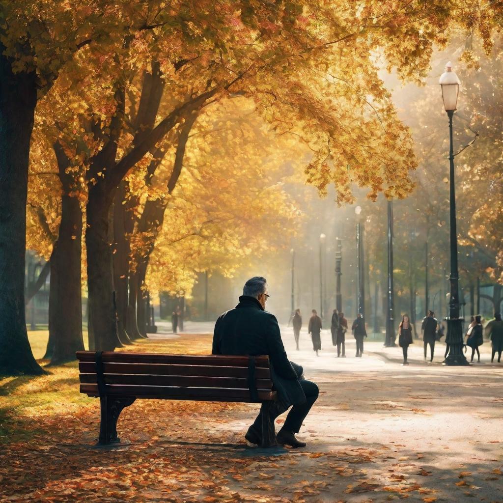  Create a high quality hyperrealistic image that visually represents the theme 'Loneliness is not the absence of people, but the absence of someone who truly understands you.' The image should depict a solitary figure sitting on a park bench, surrounded by people who are walking by, but not interacting with them. The expression on the person's face should reflect deep loneliness and a sense of longing. The background should include a serene park setting with trees and a pathway. The image should be of hyperrealistic style and high quality. hyperrealistic, full body, detailed clothing, highly detailed, cinematic lighting, stunningly beautiful, intricate, sharp focus, f/1. 8, 85mm, (centered image composition), (professionally color graded), ((bright soft diffused light)), volumetric fog, trending on instagram, trending on tumblr, HDR 4K, 8K