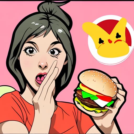  Show me a cartoon girl eating a tiny burger