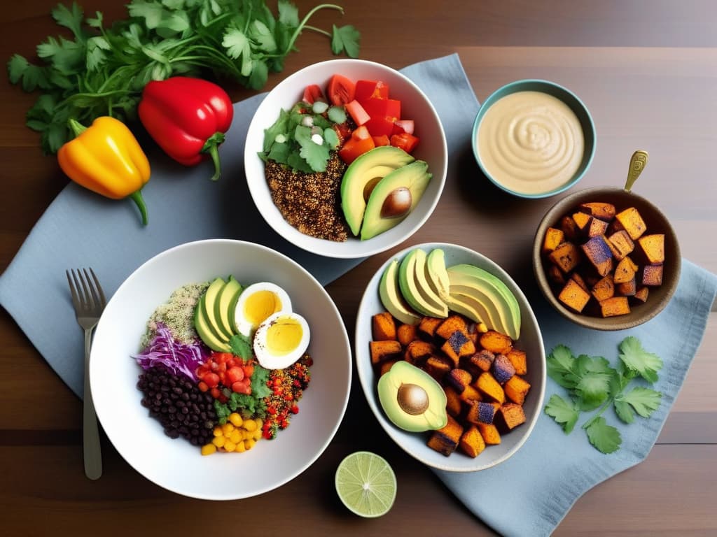  A beautifully arranged flat lay image showcasing a variety of vibrant vegan dishes inspired by ancestral recipes. In the center, a colorful Buddha bowl filled with quinoa, roasted sweet potatoes, avocado slices, and a drizzle of tahini sauce. Surrounding the bowl, neatly arranged plates of plantbased tacos, stuffed bell peppers, and a rainbow salad. The background features rustic wooden utensils and green leafy herbs for garnish, all set against a sleek marble countertop. hyperrealistic, full body, detailed clothing, highly detailed, cinematic lighting, stunningly beautiful, intricate, sharp focus, f/1. 8, 85mm, (centered image composition), (professionally color graded), ((bright soft diffused light)), volumetric fog, trending on instagram, trending on tumblr, HDR 4K, 8K