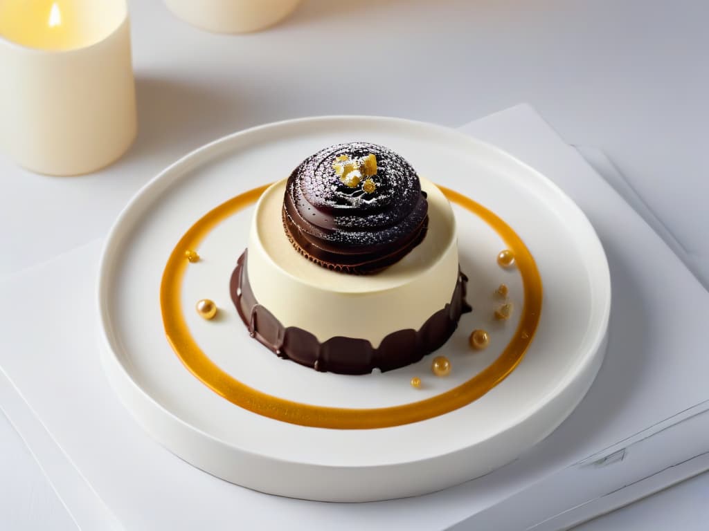  A closeup, highresolution image of a perfectly symmetrical, minimalist dessert plate featuring a single, meticulously crafted dessert at the center. The dessert is a delicate sphere of smooth, glossy chocolate topped with a single, shimmering gold leaf. The plate is white, providing a stark contrast that emphasizes the simplicity and elegance of the dessert. The lighting is soft, casting a gentle glow that highlights the flawless presentation of the dessert. hyperrealistic, full body, detailed clothing, highly detailed, cinematic lighting, stunningly beautiful, intricate, sharp focus, f/1. 8, 85mm, (centered image composition), (professionally color graded), ((bright soft diffused light)), volumetric fog, trending on instagram, trending on tumblr, HDR 4K, 8K