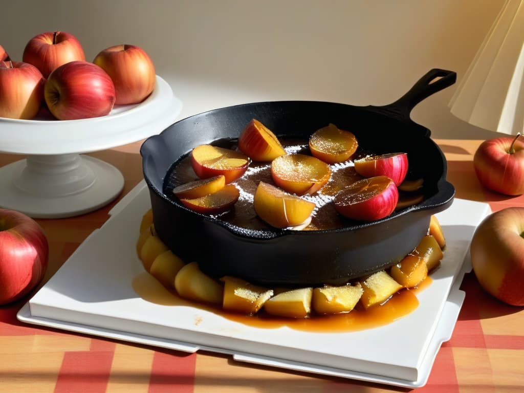  An ultradetailed illustration of a rustic French kitchen with a vintage cast iron skillet on a stovetop filled with caramelized apples, while a goldenbrown Tarte Tatin is being flipped upside down onto a white porcelain plate. Sunlight streams in through a window, casting soft shadows on the checkered floor. The scene captures the essence of traditional French culinary artistry and the iconic moment of the Tarte Tatin being presented for serving. hyperrealistic, full body, detailed clothing, highly detailed, cinematic lighting, stunningly beautiful, intricate, sharp focus, f/1. 8, 85mm, (centered image composition), (professionally color graded), ((bright soft diffused light)), volumetric fog, trending on instagram, trending on tumblr, HDR 4K, 8K