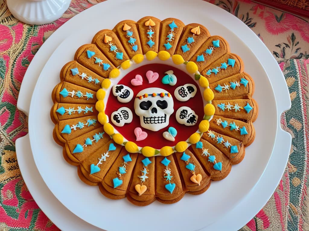  A closeup, ultradetailed image of a colorful array of Latin American cookies arranged in a perfectly symmetrical pattern on a sleek, modern white plate. Each cookie is intricately decorated with traditional motifs like vibrant sugar skulls, intricate papel picado designs, and delicate floral patterns, showcasing the rich cultural diversity and sweetness of Latin America. hyperrealistic, full body, detailed clothing, highly detailed, cinematic lighting, stunningly beautiful, intricate, sharp focus, f/1. 8, 85mm, (centered image composition), (professionally color graded), ((bright soft diffused light)), volumetric fog, trending on instagram, trending on tumblr, HDR 4K, 8K