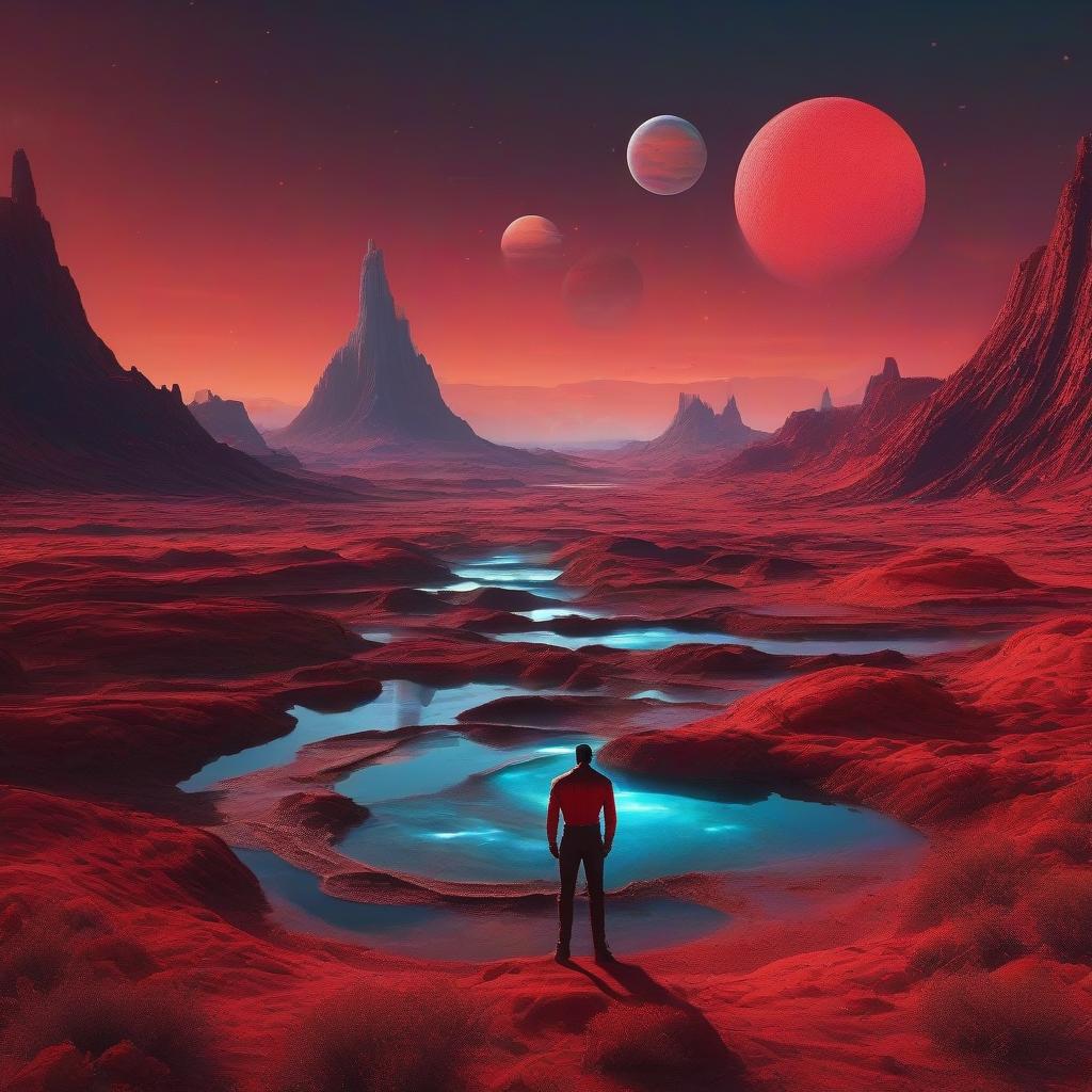  (masterpiece, extremely high detailed, 64K megapixels, 8K high resolution:1.3), man standing in the middle of a desert with planets in the background, inspired by Beeple and space art, icy road on a planet of lava setting, (Dan Mumford and Albert Bierstadt:1.2) influences, gazing out into space, red sprites dancing in the atmosphere, creative lighting style casting surreal shadows, ethereal glow, vertical wallpaper composition, wanderers traveling from afar, lost in the milky void, intricate details on the lava terrain, cosmic backdrop with swirling planets, mysterious and otherworldly atmosphere, trends on digital art platforms. hyperrealistic, full body, detailed clothing, highly detailed, cinematic lighting, stunningly beautiful, intricate, sharp focus, f/1. 8, 85mm, (centered image composition), (professionally color graded), ((bright soft diffused light)), volumetric fog, trending on instagram, trending on tumblr, HDR 4K, 8K