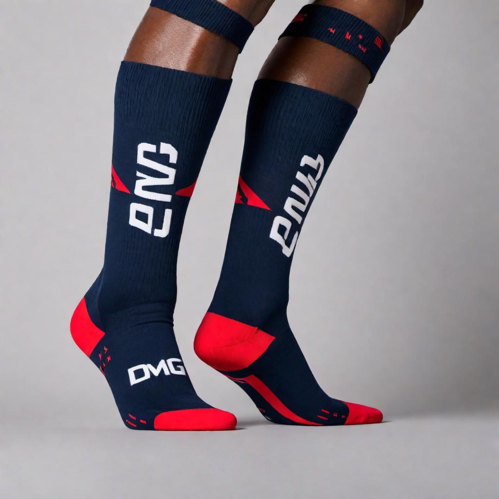  a pair of socks with the branding 'DMG' on them. The socks should be styled in an athletic fashion, suitable for sports or casual wear. The DMG logo should be prominently displayed on the cuff of the socks, and the color scheme should be a combination that makes the logo stand out clearly against the fabric. Please ensure the design is clear, with attention to detail, and aesthetically pleasing to view. hyperrealistic, full body, detailed clothing, highly detailed, cinematic lighting, stunningly beautiful, intricate, sharp focus, f/1. 8, 85mm, (centered image composition), (professionally color graded), ((bright soft diffused light)), volumetric fog, trending on instagram, trending on tumblr, HDR 4K, 8K