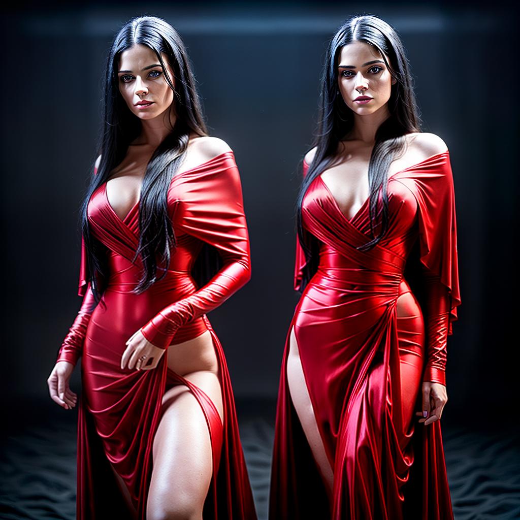  cinematic film still Woman with full body form, long black hair, blue eyes, in red draping clothing, with camera in hand. . shallow depth of field, vignette, highly detailed, high budget, bokeh, cinemascope, moody, epic, gorgeous, film grain, grainy