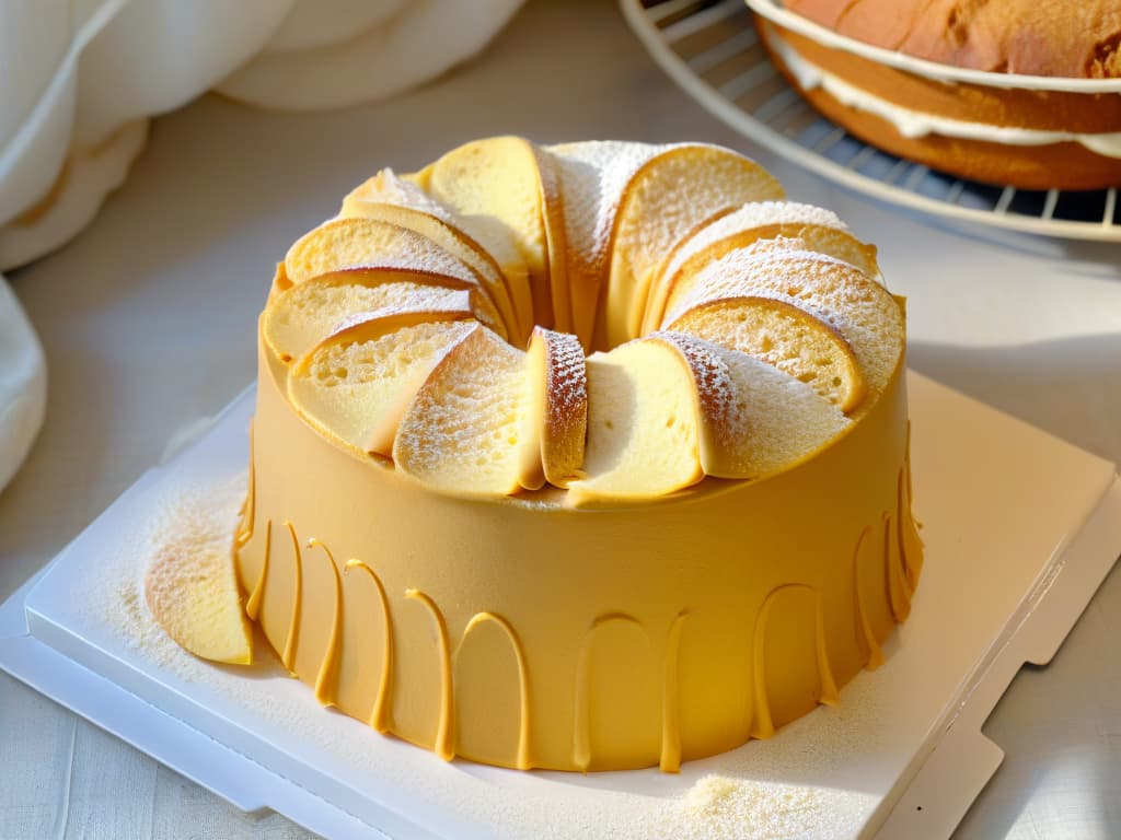  A minimalistic and elegant image of a perfectly risen glutenfree chiffon cake cooling on a wire rack, with a soft, golden exterior and a light, airy crumb visible through a delicate slice. The focus is on the texture and the intricate network of air pockets, showcasing the mastery of glutenfree baking techniques. The background is blurred to keep the attention on the cake, and the lighting is soft, creating a serene and inspiring atmosphere for the viewer. hyperrealistic, full body, detailed clothing, highly detailed, cinematic lighting, stunningly beautiful, intricate, sharp focus, f/1. 8, 85mm, (centered image composition), (professionally color graded), ((bright soft diffused light)), volumetric fog, trending on instagram, trending on tumblr, HDR 4K, 8K