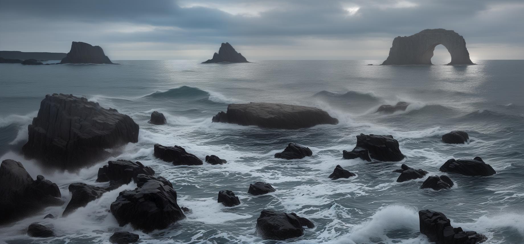  masterpiece, best quality, ocean landscape, britanny, granit rocks, 4k, realistic, beautiful, photography, greyish weather, cinematic, photorealistic, 3 rocks, cloudy, lesft rock makes an arch, middle is wide and bumby, right is smalland spiky