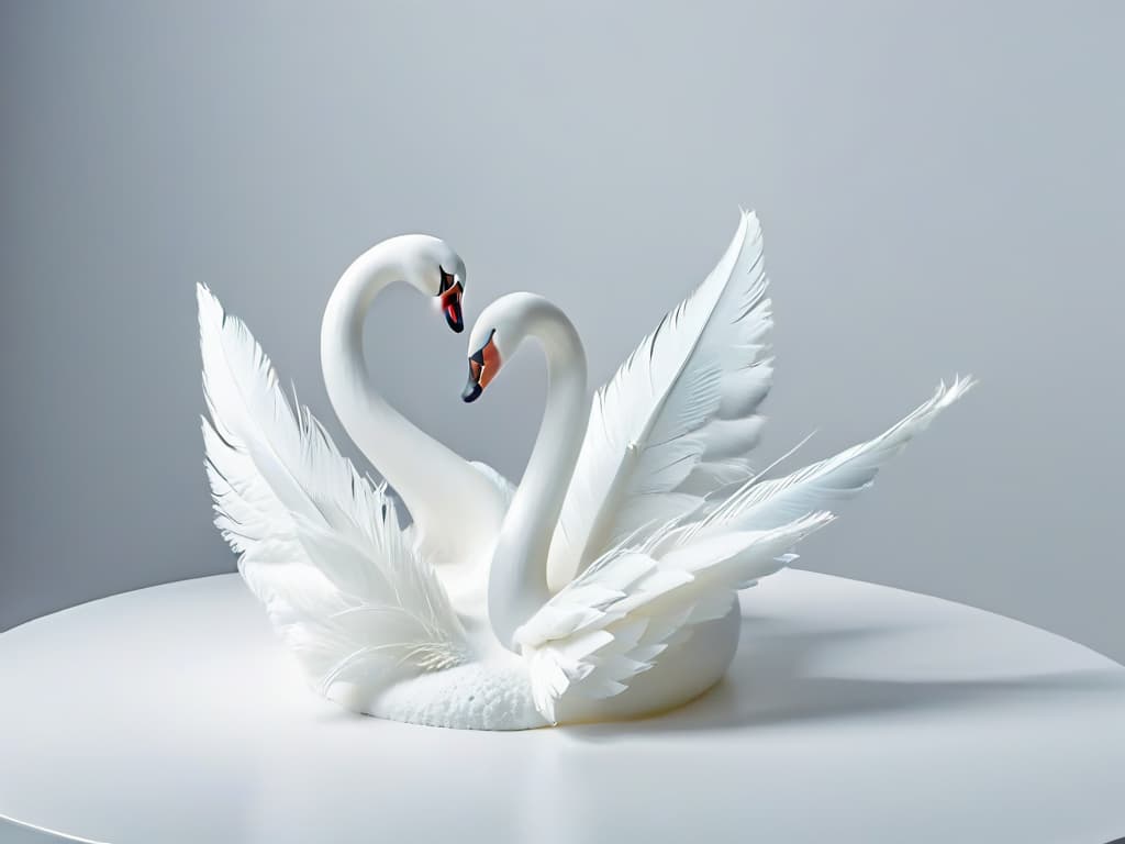  An 8k ultradetailed image of a pair of delicate sugar swans gracefully intertwined, showcasing intricate details in their feathers and elegant curves. The swans are set against a clean, white background, emphasizing their minimalist beauty and expert craftsmanship. hyperrealistic, full body, detailed clothing, highly detailed, cinematic lighting, stunningly beautiful, intricate, sharp focus, f/1. 8, 85mm, (centered image composition), (professionally color graded), ((bright soft diffused light)), volumetric fog, trending on instagram, trending on tumblr, HDR 4K, 8K