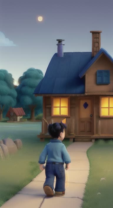  {Max walking back towards the cozy little house with droopy eyes, as twilight falls, The big blue dog is large with sky blue fur, big round eyes, a black nose, and floppy ears.