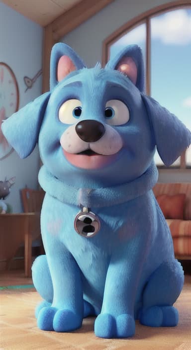  {Max snuggled up in his comfy dog bed inside the house, fast asleep, The big blue dog is large with sky blue fur, big round eyes, a black nose, and floppy ears.