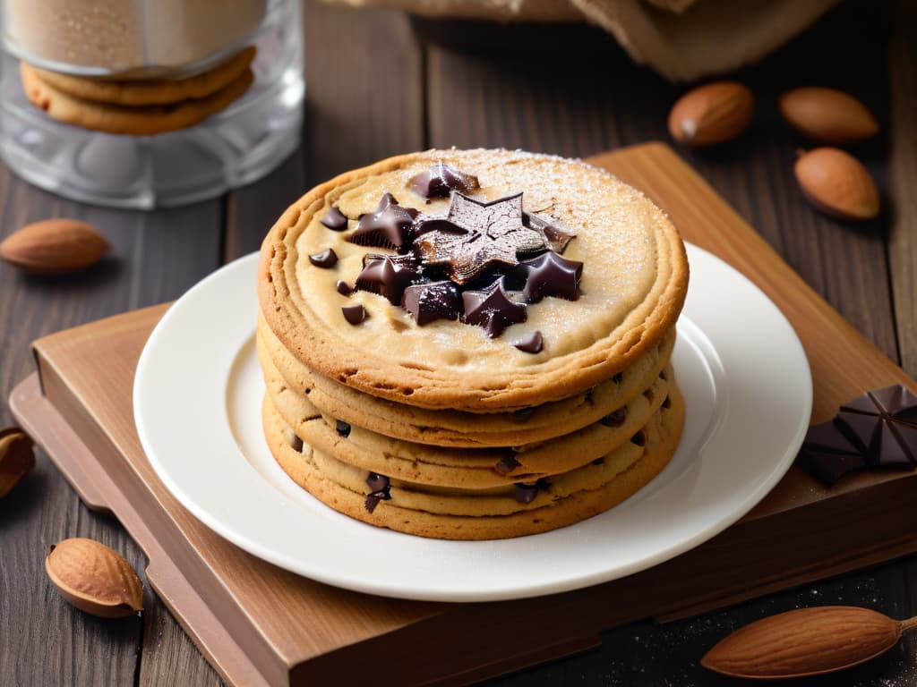  A closeup, ultradetailed image of a freshly baked almond butter chocolate chip cookie, still warm and gooey, with chunks of rich dark chocolate melting on top. The cookie sits on a rustic wooden table, surrounded by scattered whole almonds, a dollop of creamy almond butter, and a dusting of powdered sugar. The lighting is soft and warm, casting gentle shadows that highlight the texture of the cookie's goldenbrown crust and the glossy chocolate chips. hyperrealistic, full body, detailed clothing, highly detailed, cinematic lighting, stunningly beautiful, intricate, sharp focus, f/1. 8, 85mm, (centered image composition), (professionally color graded), ((bright soft diffused light)), volumetric fog, trending on instagram, trending on tumblr, HDR 4K, 8K